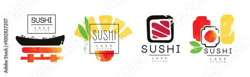 Sushi Bar Logo Design with Japanese Food Vector Set