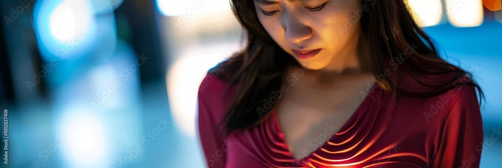 Fototapeta premium Woman in red shirt with blurred city lights in background