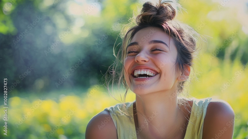 A playful portrait of a woman with a messy bun and a few loose strands, laughing and enjoying a sunny day at the park, embodying a carefree and natural beauty. A playful portrait of a woman with a messy bun and a few loose strands, laughing and enjoying a sunny day at the park, embodying a carefree and natural beauty.