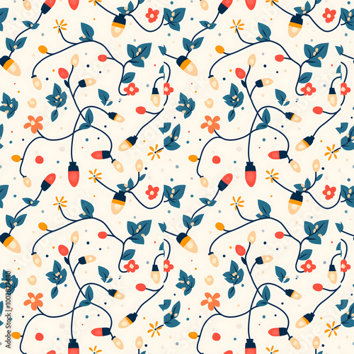 A seamless Christmas pattern intertwines strings of garland with bulbs, leaves and berries. This versatile design is perfect for wallpaper, fabric or wrapping paper.