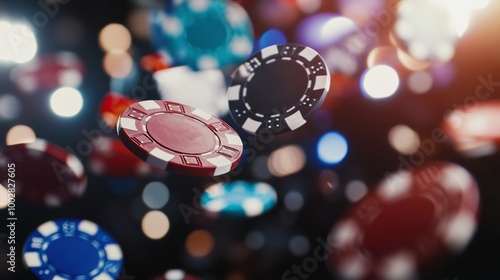 Dynamic shot of poker chips in motion, freezing the moment of anticipation and decision-making in a casino environment.