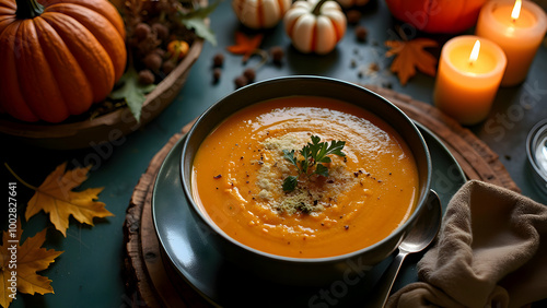 Beautiful orange pumpkin soup for a Halloween themed meal.