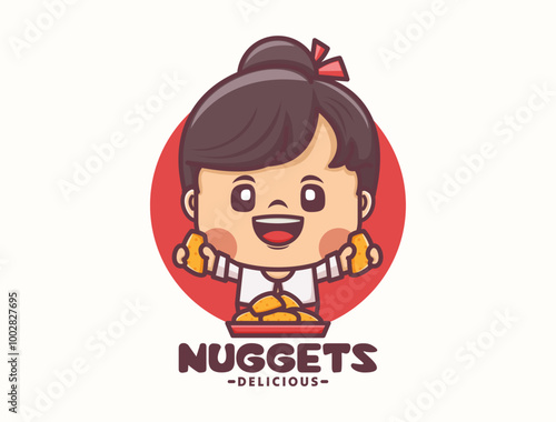 female cartoon mascot design with nuggets. food logo template