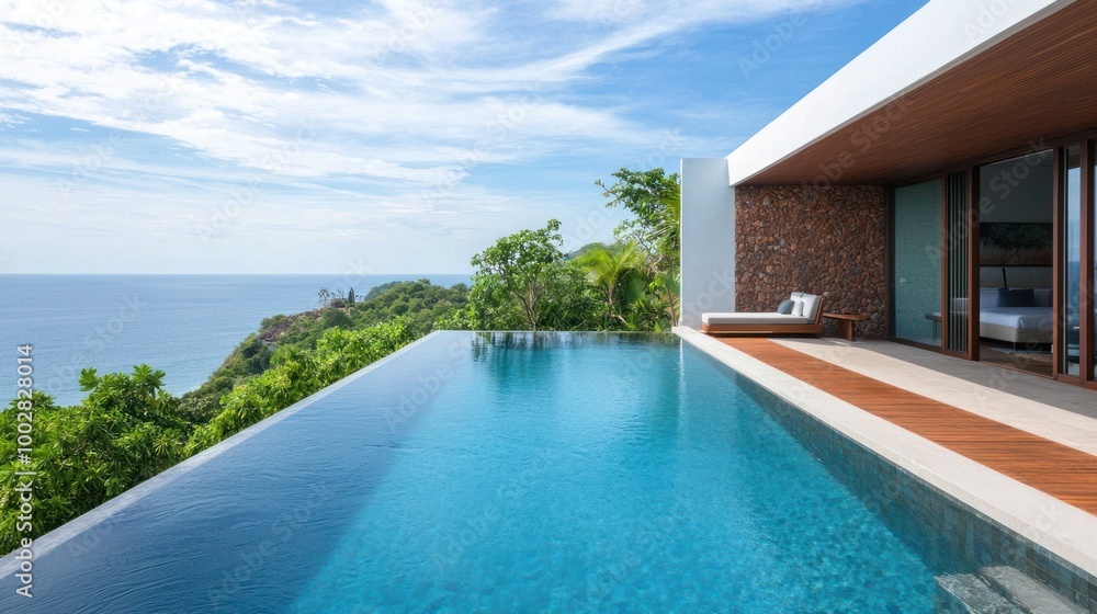 Fototapeta premium A serene modern villa with an infinity pool overlooking the ocean, surrounded by lush greenery and under a bright blue sky.