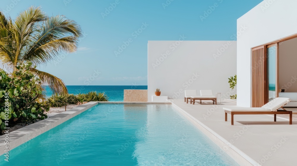 Fototapeta premium A serene poolside scene featuring modern architecture, lush greenery, and a clear blue ocean under a sunny sky, perfect for relaxation and luxury.
