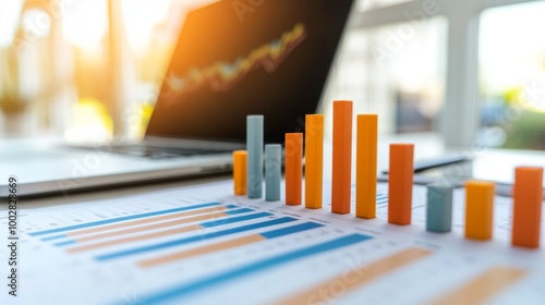 A professional financial bar chart with clear, colorful bars representing monthly income and expenses, placed on a clean workspace background with business documents and a laptop.