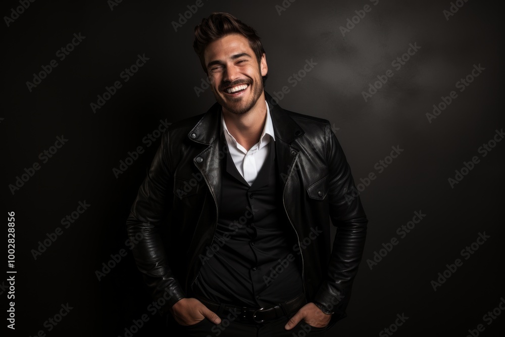Portrait of a cheerful man in his 20s sporting a stylish leather blazer on bare monochromatic room Portrait of a cheerful man in his 20s sporting a stylish leather blazer on bare monochromatic room