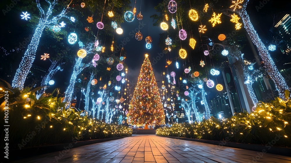 Obraz premium Enchanting Christmas scene with a beautifully decorated Christmas tree twinkling lights and a myriad of joyful holiday adorning the city streets creating a captivating festive atmosphere