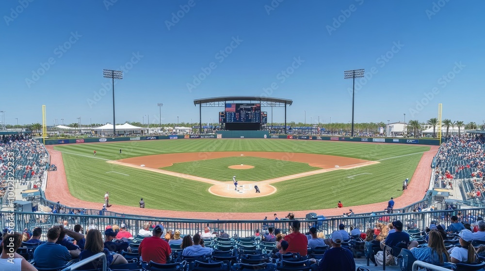 Obraz premium High-resolution view of an open-air baseball stadium during the day, with fans in the stands and a well-maintained field