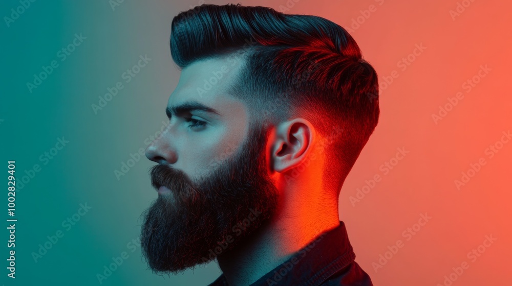 A profile shot of a man with a slicked-back pompadour hairstyle, with his beard neatly trimmed, exuding a classic yet stylish look. A profile shot of a man with a slicked-back pompadour hairstyle, with his beard neatly trimmed, exuding a classic yet stylish look.