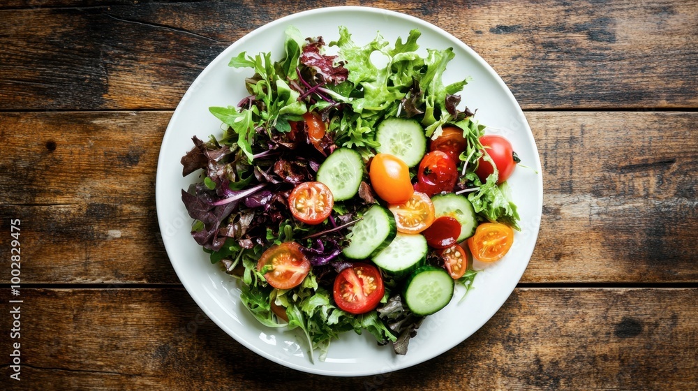 Top view of a white plate with a colorful salad, including mixed greens, tomatoes, and cucumbers, on a wooden table. Top view of a white plate with a colorful salad, including mixed greens, tomatoes, and cucumbers, on a wooden table.