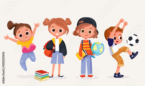 Set of school kids with school supplies.School characters with books and backpacks. Collection of preschoolers, children. Kid's activities. Studying and doing sports.