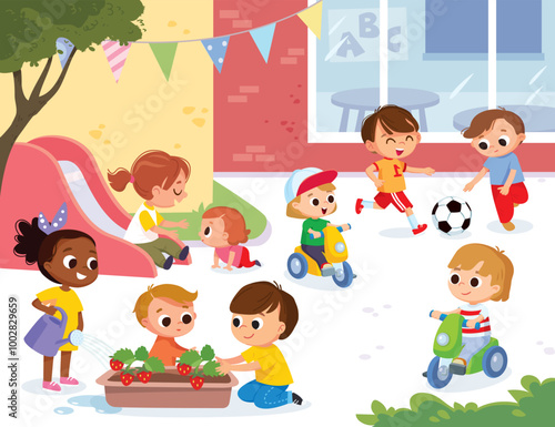 Children playing in the school yard. Playground with kids. Boys ad girls playing on a playground spending time in games, having fun, fooling around. Summer activities. School kids spare time outdoors.