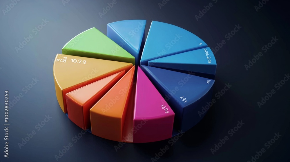 Fototapeta premium A rotating 3D pie chart with colorful, layered sections representing data, with numbers and labels floating beside each slice for clarity.