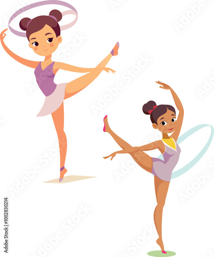 Two female gymnasts performing with hoops exercising rhythmic gymnastics