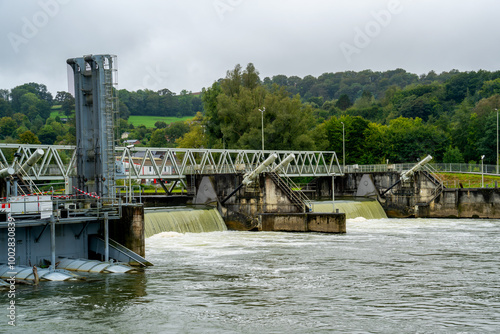 Large weir in river Meuse near Hastiere, Belgium
