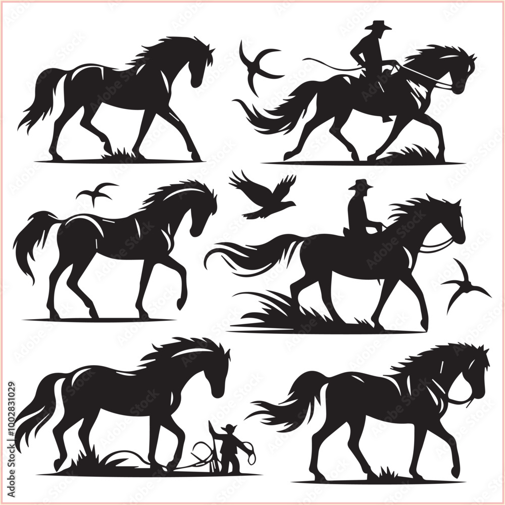 Fototapeta premium Silhouette Set of Horses Horse head bundle in Wild West Horses