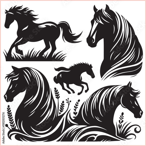 Silhouette Set of Horses Horse head bundle in Wild West Horses