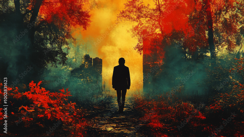 A lone figure walks through a mystical forest. A lone figure walks through a mystical forest.