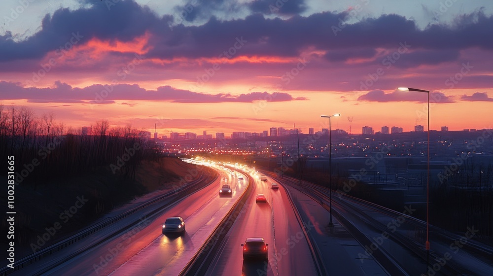 A scenic view of an expressway at dusk, with the last rays of sunlight illuminating the road and distant buildings, creating a peaceful yet vibrant atmosphere for evening travelers. A scenic view of an expressway at dusk, with the last rays of sunlight illuminating the road and distant buildings, creating a peaceful yet vibrant atmosphere for evening travelers.