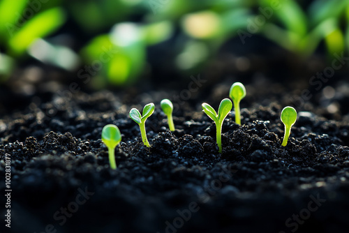 Leonardite Granules in Rich Soil with Green Sprouts photo