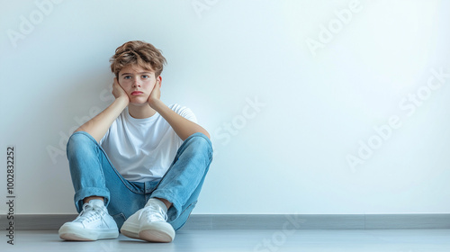 A teenage Caucasian boy casually sits on the floor against a bare wall, appearing deep in thought or contemplation about life and future challenges. photo