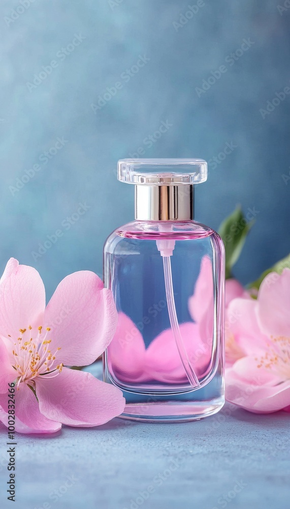 Perfume bottle surrounded by pink flowers on a soft blue background. Perfume bottle surrounded by pink flowers on a soft blue background.