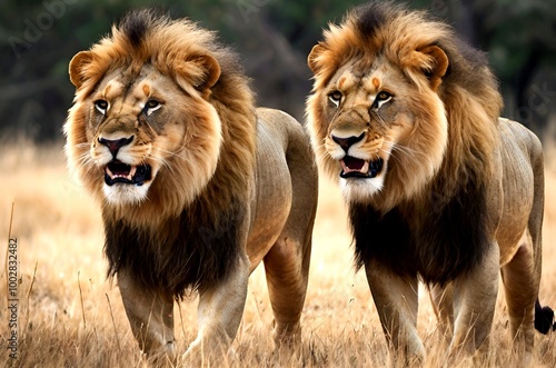 A beautiful view of two big and beautiful lions in the forest photo