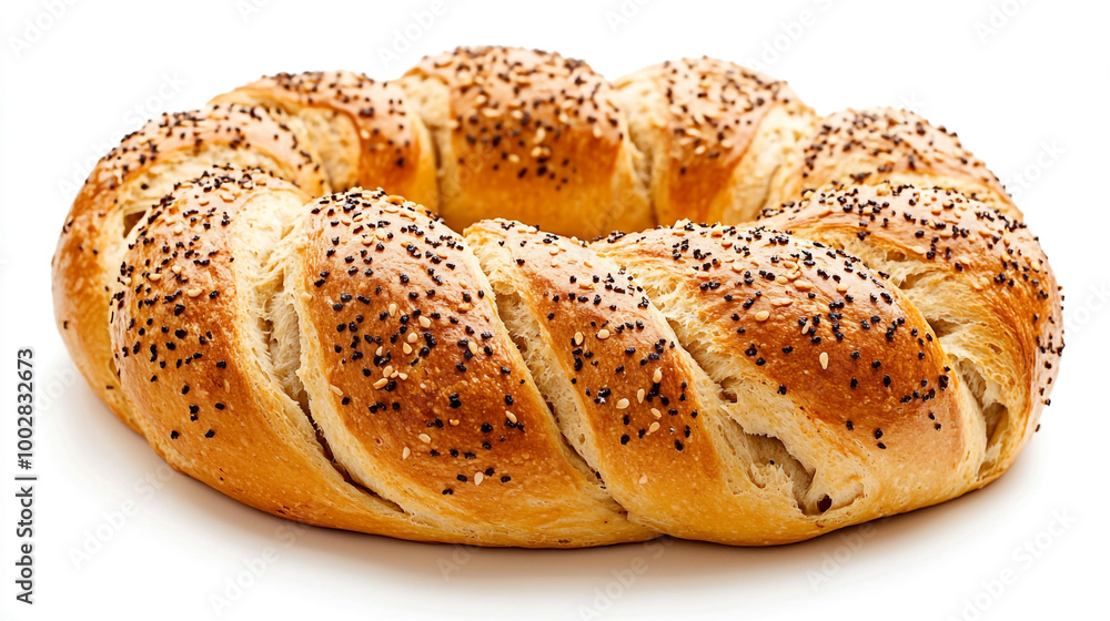 Freshly baked braided bread with poppy seeds on a white background Freshly baked braided bread with poppy seeds on a white background