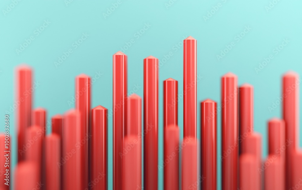 Obraz premium Red cylindrical bars on a teal background, abstract design, modern art.