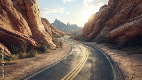 A winding desert road surrounded by red rock formations, ultra detailed