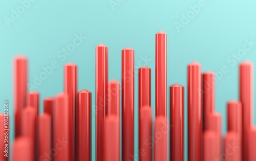 Red cylindrical bars on a teal background, abstract design, modern art.