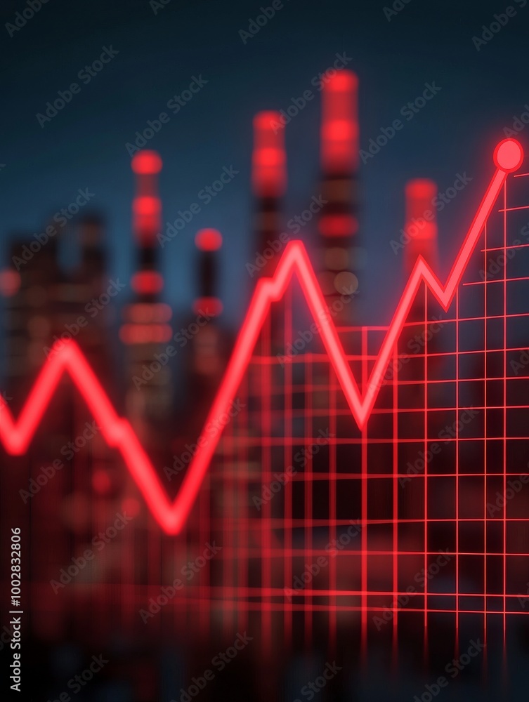 Red upward trend graph with factory silhouettes in the background. Red upward trend graph with factory silhouettes in the background.