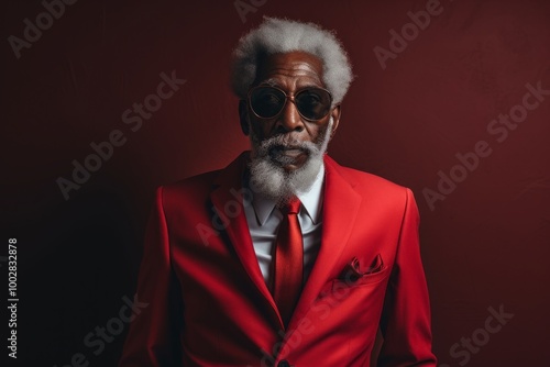 Portrait of a blissful afro-american elderly 100 years old man dressed in a stylish blazer over bare monochromatic room