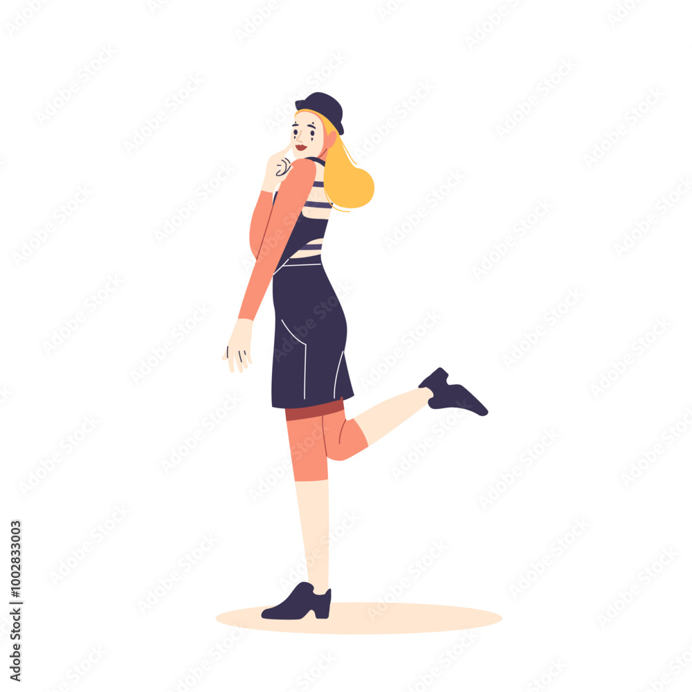 Fototapeta premium Mime Performer Dressed In Classic Attire With Creative Makeup. Cartoon Character Strikes Playful Pose, Suggesting Motion