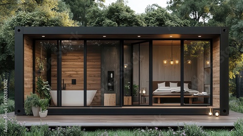 Elegant container bathroom exterior with dark wood finish, glass doors, and a view of a blooming meadow