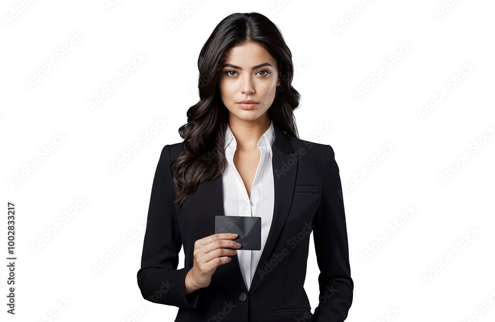 Portrait of a smiling businesswoman holding a business card, a professional and confident woman in suit, isolated on transparent background Portrait of a smiling businesswoman holding a business card, a professional and confident woman in suit, isolated on transparent background
