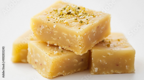 Delicious handmade fudge topped with nuts sitting on a clean white surface in a well-lit kitchen