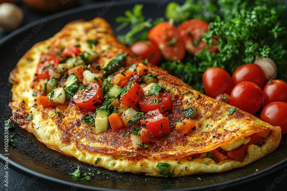 Fresh homemade omelette with mushrooms, feta cheese and herbs. A healthy protein breakfast with mushrooms and spinach Fresh homemade omelette with mushrooms, feta cheese and herbs. A healthy protein breakfast with mushrooms and spinach
