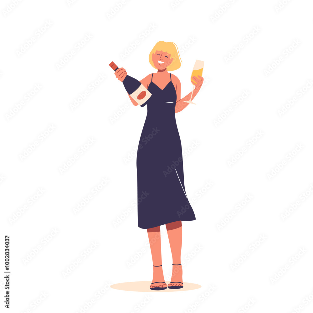 Happy Woman In Stylish Dark Dress Having Celebration. Female Character Holds Bottle Of Wine And Glass Of Champagne Happy Woman In Stylish Dark Dress Having Celebration. Female Character Holds Bottle Of Wine And Glass Of Champagne