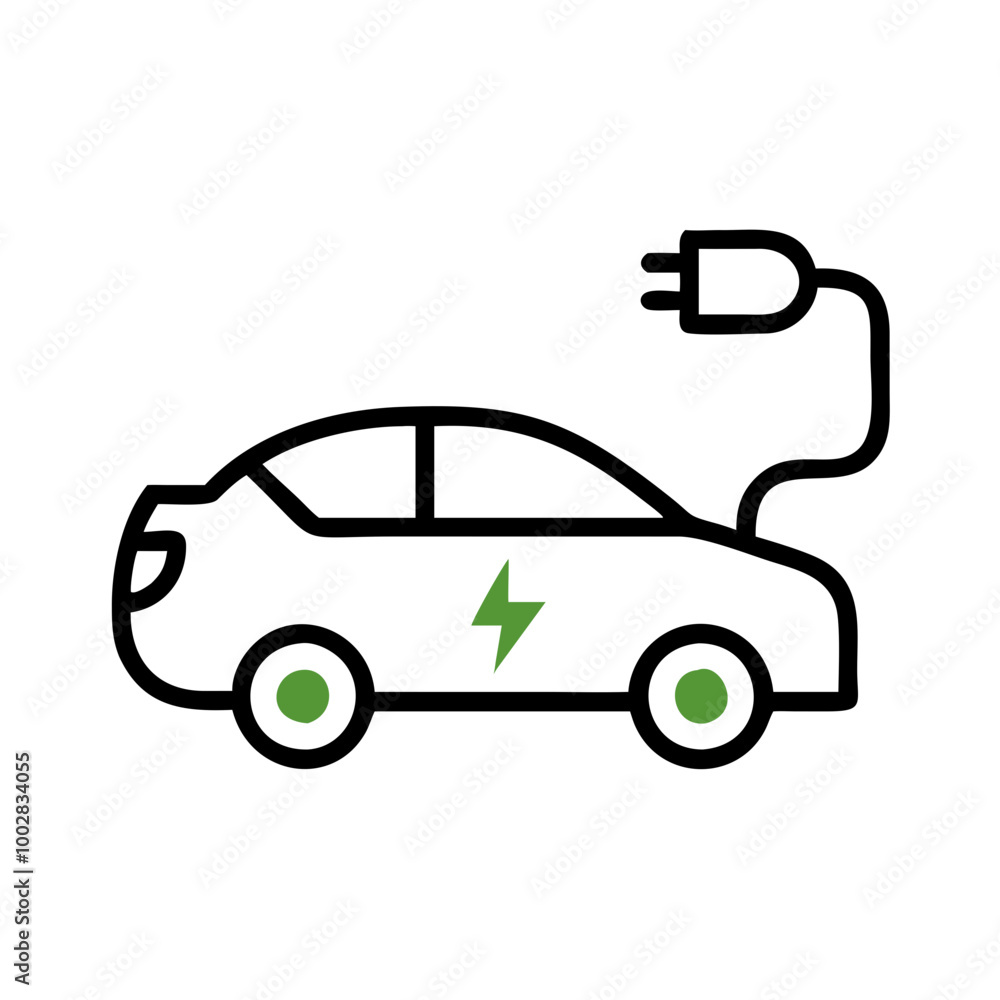 Electric Car with Plug Icon in Green and Black, ESG Concept Electric Car with Plug Icon in Green and Black, ESG Concept