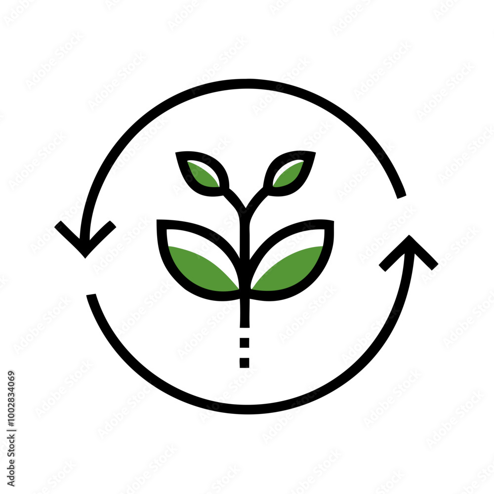 Plant Icon with Circular Arrows, Green and Black, ESG Sustainability Cycle Concept Plant Icon with Circular Arrows, Green and Black, ESG Sustainability Cycle Concept