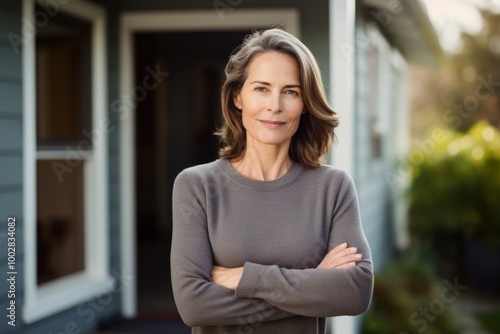 Portrait of a glad woman in her 40s showing off a thermal merino wool top in stylized simple home office background Free Download Portrait of a glad woman in her 40s showing off a thermal merino wool top in stylized simple home office background - GFXLoad