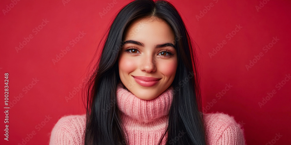 A charming young woman with long black hair smiles in a pink sweater against a vibrant red backdrop A charming young woman with long black hair smiles in a pink sweater against a vibrant red backdrop