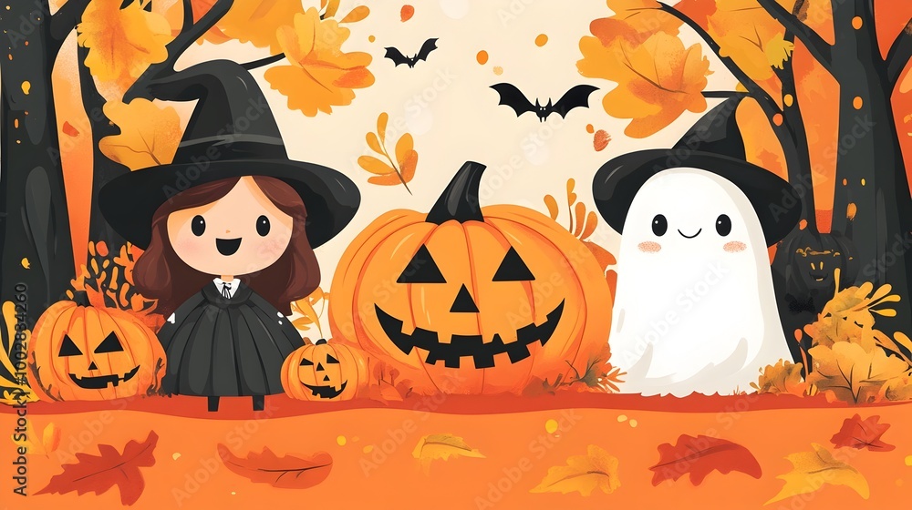 Cheerful Halloween autumn themed backdrop with pumpkins colorful leaves and whimsical spooky characters Festive perfect for holiday decor card design or kids party Cheerful Halloween autumn themed backdrop with pumpkins colorful leaves and whimsical spooky characters Festive perfect for holiday decor card design or kids party