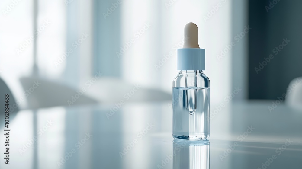 a small bottle of liquid placed on a glossy table with soft lighting a small bottle of liquid placed on a glossy table with soft lighting