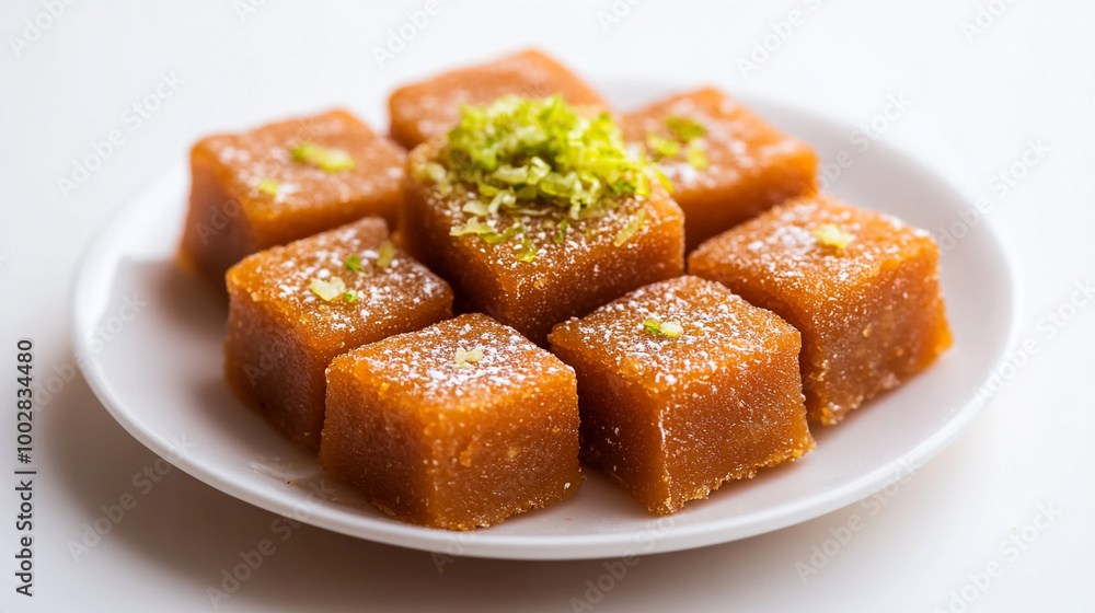 Traditional Indian sweets presented on a white plate with decorative toppings of nuts and sugar Traditional Indian sweets presented on a white plate with decorative toppings of nuts and sugar