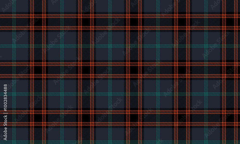 Obraz premium Plaid fabric pattern, navy blue, black, orange, green, beautiful distinctive cross lines, seamless for textiles, and for designing clothes, skirts or decorative fabrics. Vector illustration.
