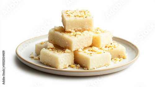 Delicious squares of traditional fudge stacked artfully on a white plate ready to enjoy as a dessert