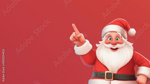 A delightful animated Santa Claus, rendered in a cheerful cartoon style, pointing upwards with joy, encapsulating the essence of festive glee and wonder.